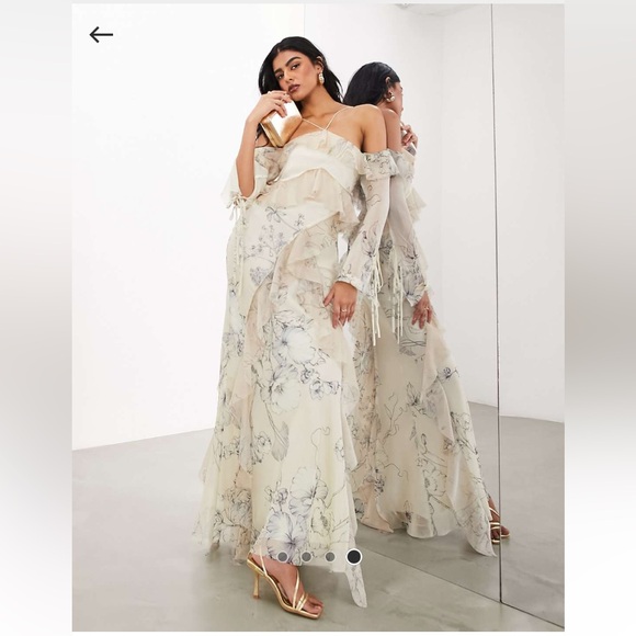 NWT maxi ruffle chiffon cream & navy/ink tie dresss 8 Medium long sleeve beauty - Picture 4 of 7